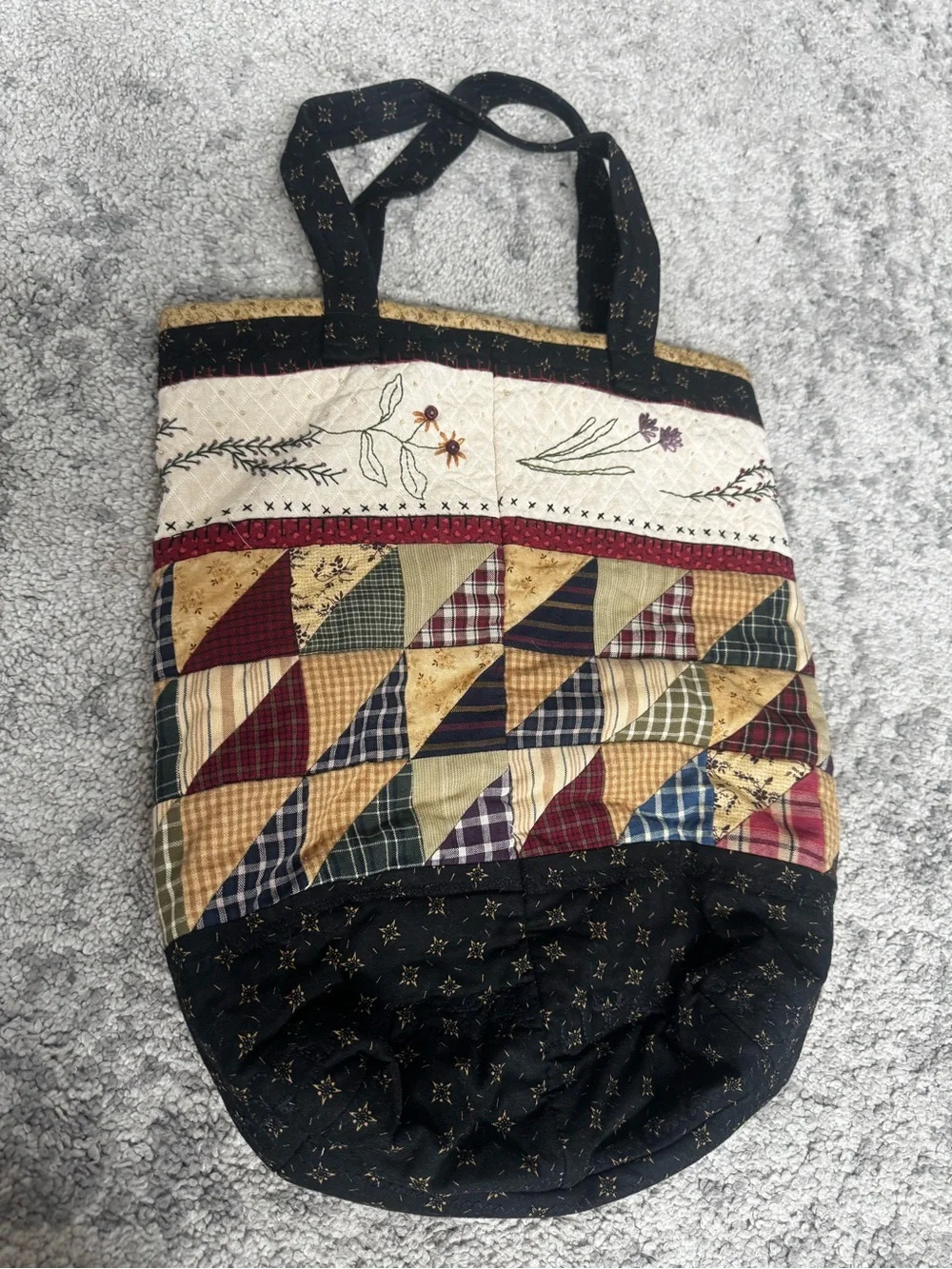 Handmade Primitive Patchwork Quilted Tote Bag Embroidered Folk Art